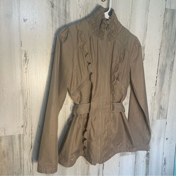 Betsey Johnson Khaki Tan Scalloped Tie Back Zip Up Jacket- size S - Picture 8 of 16
